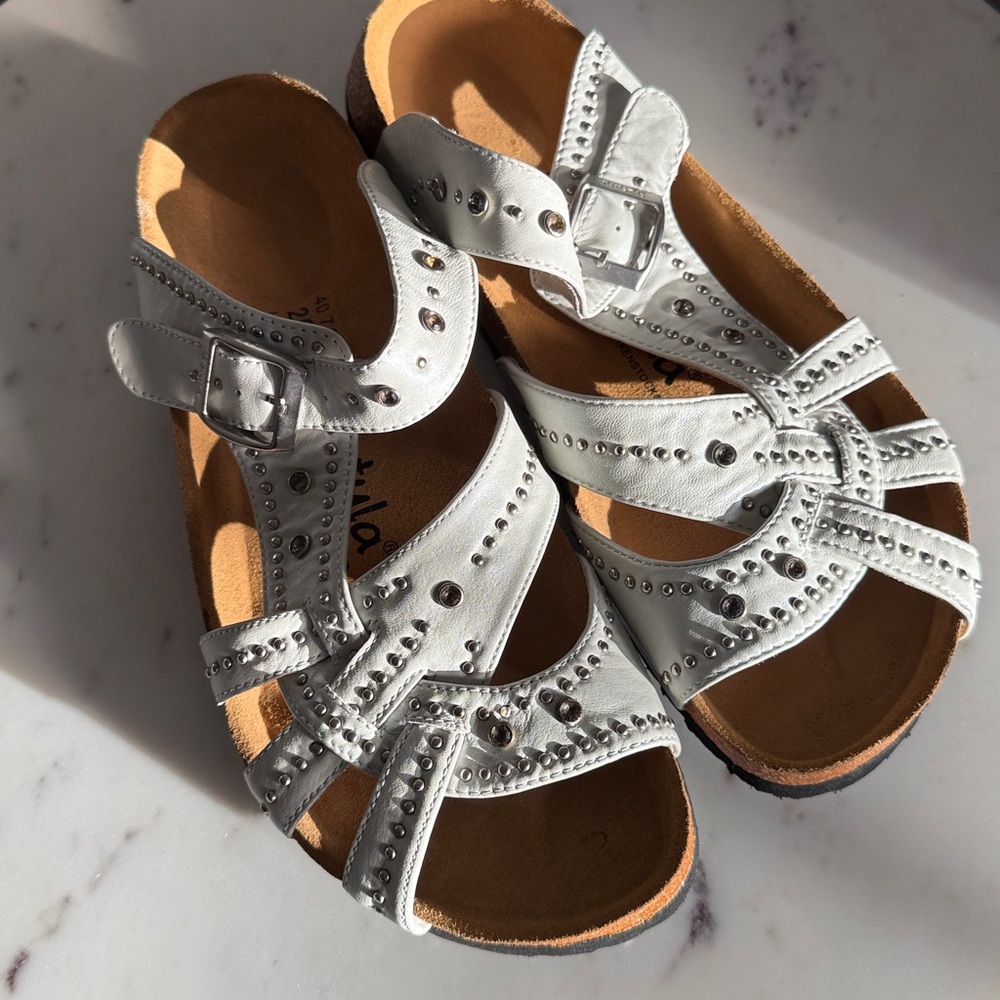 White Studded Women’s Sandals with Buckle